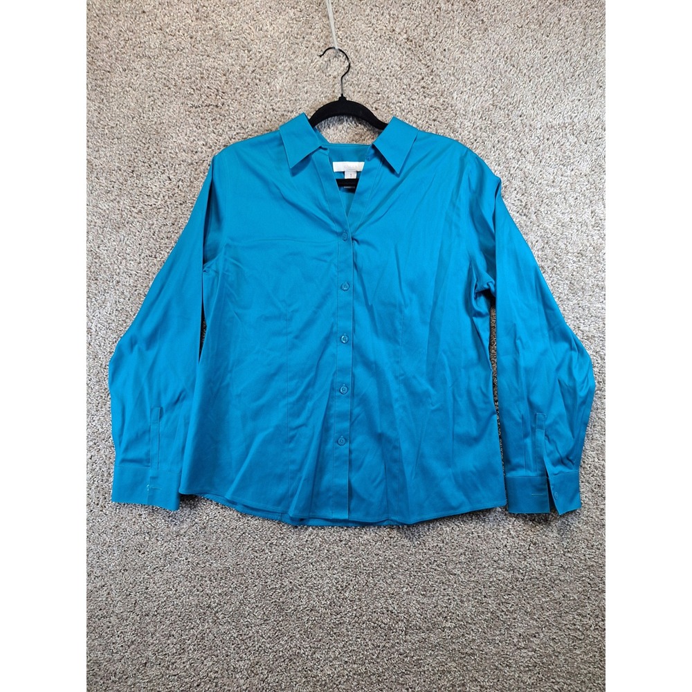 Chico's Button Down Shirt Womens 1 Teal‎ Blue No-Iron Cotton Long Sleeve Blouse